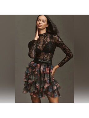 NWT Size M -Anthro The Chéri Ruffled Tulle Mini Skirt Black Floral (NWT US$ 128)